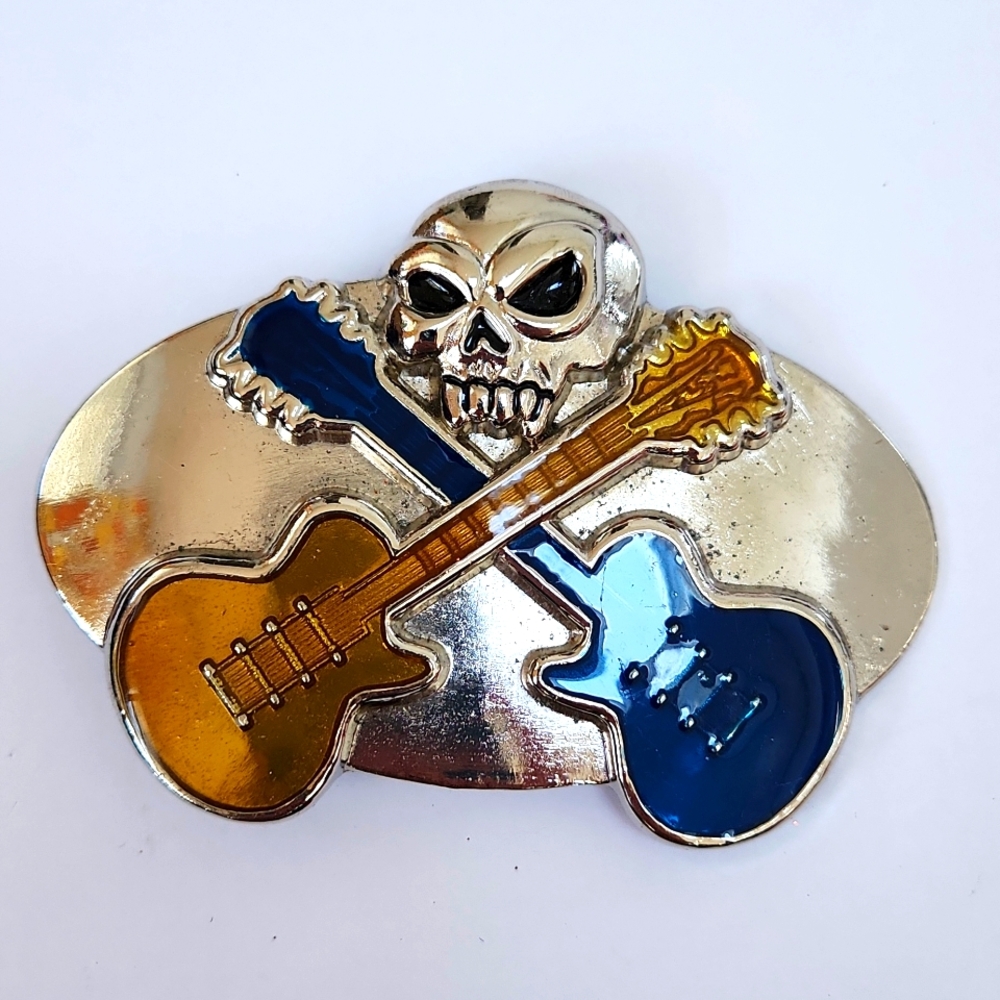 Guitar Skull Belt Buckle Biker Goth Core Rock